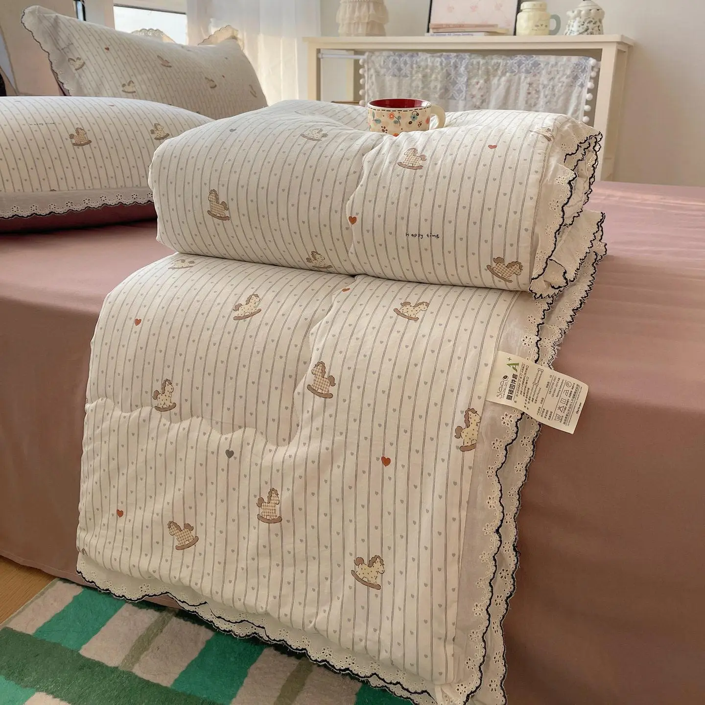 Washable Cotton Double Layer Ruffle Summer Quilt Air Conditioner Quilt Machine Washable Summer Person Dormitory Blanket Gift