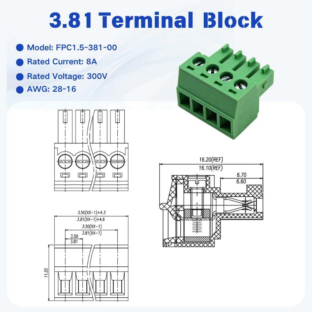 3.81mm Pitch PCB Terminal Block 15EDGK KF2EDGK EC381V MC1.5-ST Male Female Plug In Wire Connector