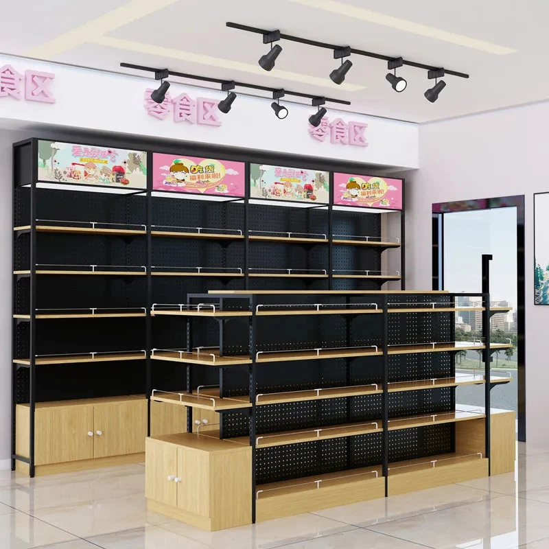 custom.950x390x1950mm Black Display Shelf Grocery Steel and Wood Display Racks