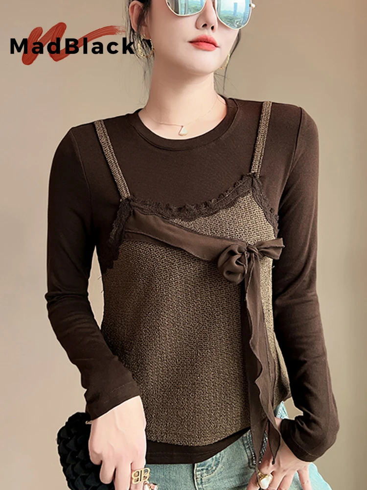 MadBlack-Women European T-Shirt, Sexy O Neck Lace, Hotsweet Long Sleeve Slim S-3XL Knit Fake 2 Pieces Tee, 2026 Autumn T6O504CC