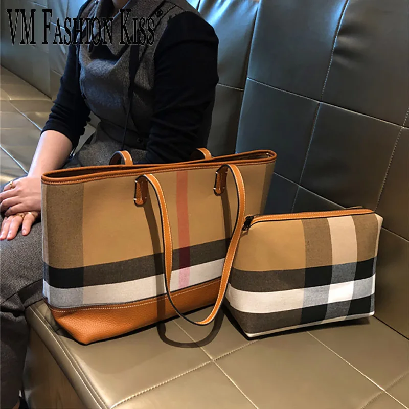 

VM FASHION KISS Striped Canvas + Genuine Leather Leisure Tote Bag Large Capacity Striped Tote Bags For Women Shoulder Bags 2023