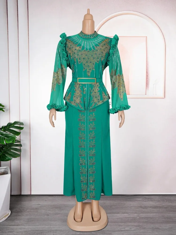 

Luxury Wedding Guest Party Dress Half High Collar Sheer Mesh Flare Sleeve Waist Belt Hot Diamond Ruffles Slit Gowns Noble Shiny