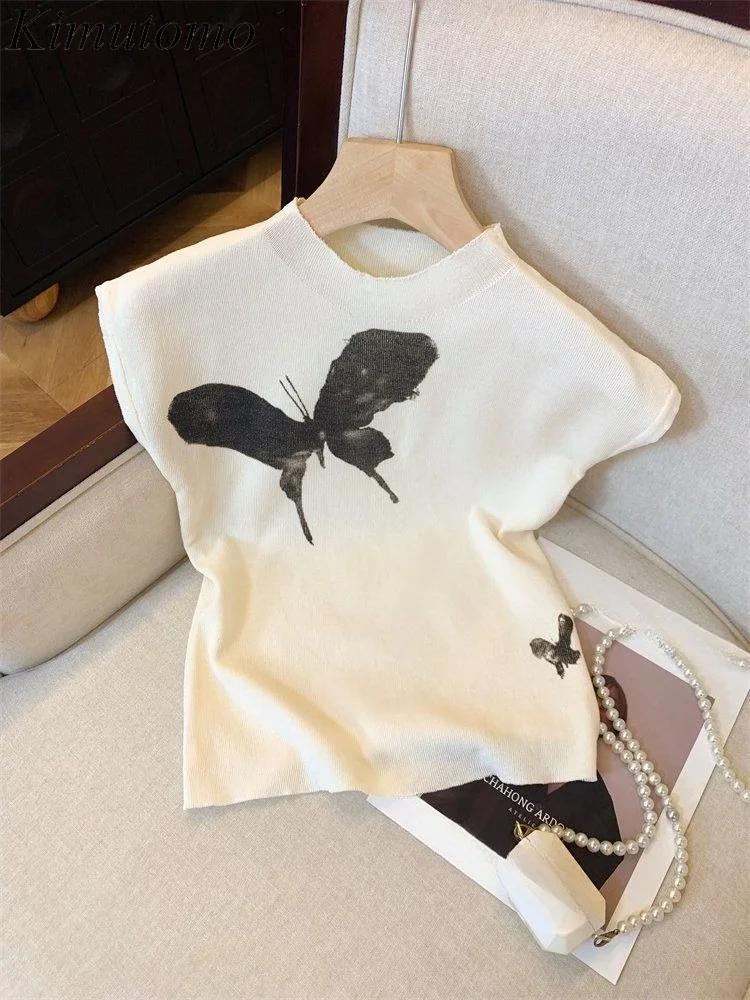 Kimutomo Women T Shirts Butterfly Tie Dye Short Sleeve Half High Collar Sweet Sexy Knitted Crop Tops Vintage Y2k Aesthetic