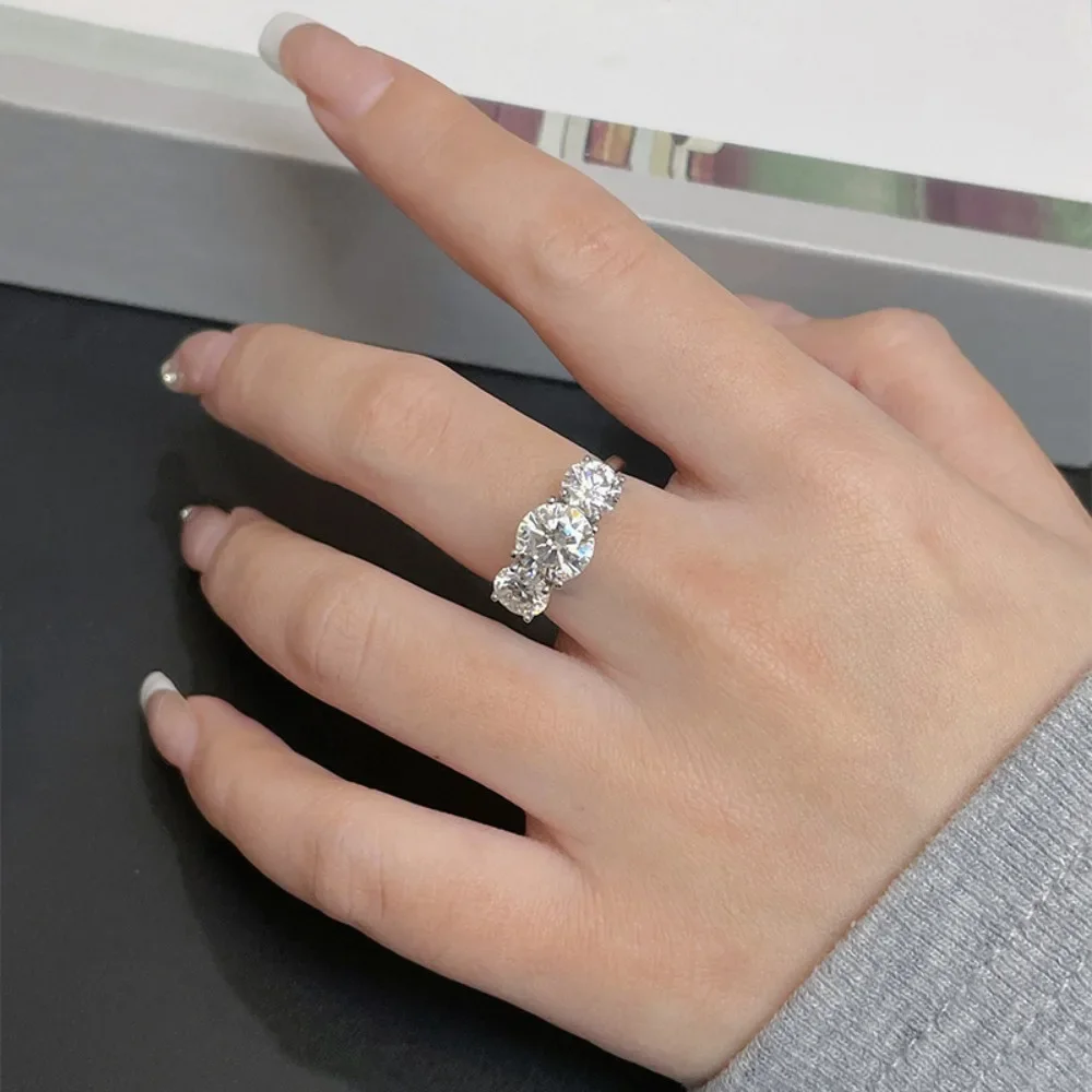2/4 Carat D Color Moissanite Diamond Rings with GRA Certificate Round Cut Three Stones Ring Engagement Wedding Bands Jewelry