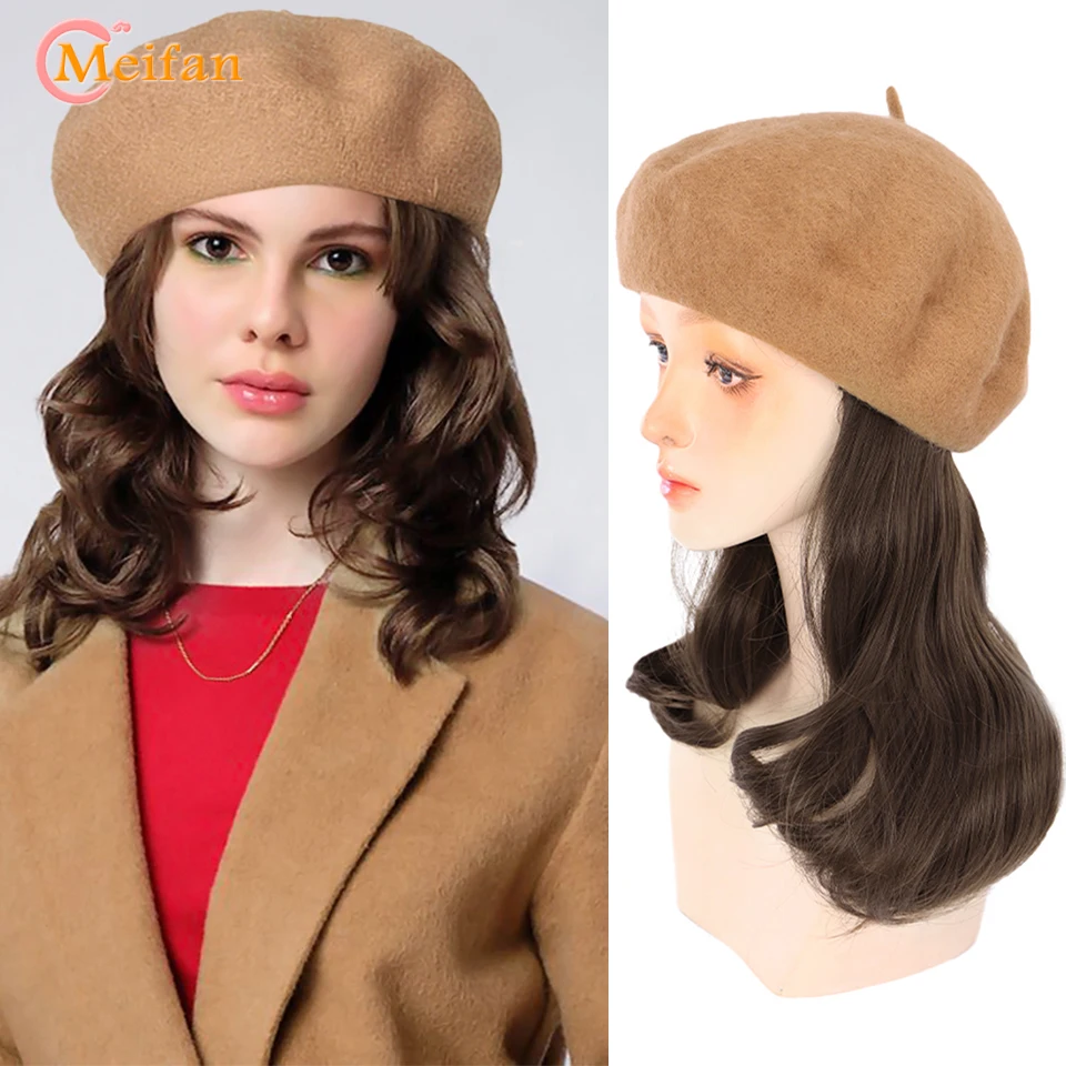 

MEIFAN Synthetic Short Curly Hair Beret Hat Wigs For Women with Beret Naturally Connect False Hairpieces Daily Hat Wig Extension