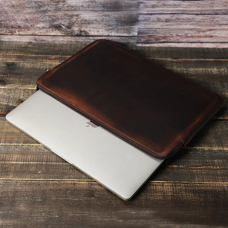 Genuine Leather Protection Cover for MacBookPro15 with Wrist Strap Zipper Notebook Computer Inner Bag