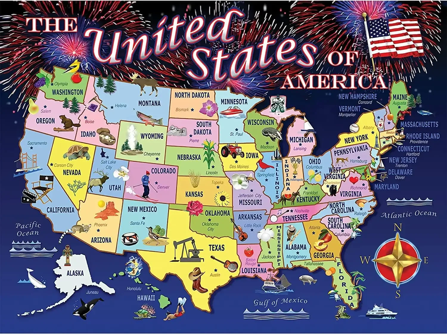 United States Map 120/300/500/1000 Pieces Art Jigsaw Puzzles Brain Training Challenging Educational Toys for Adults Kids