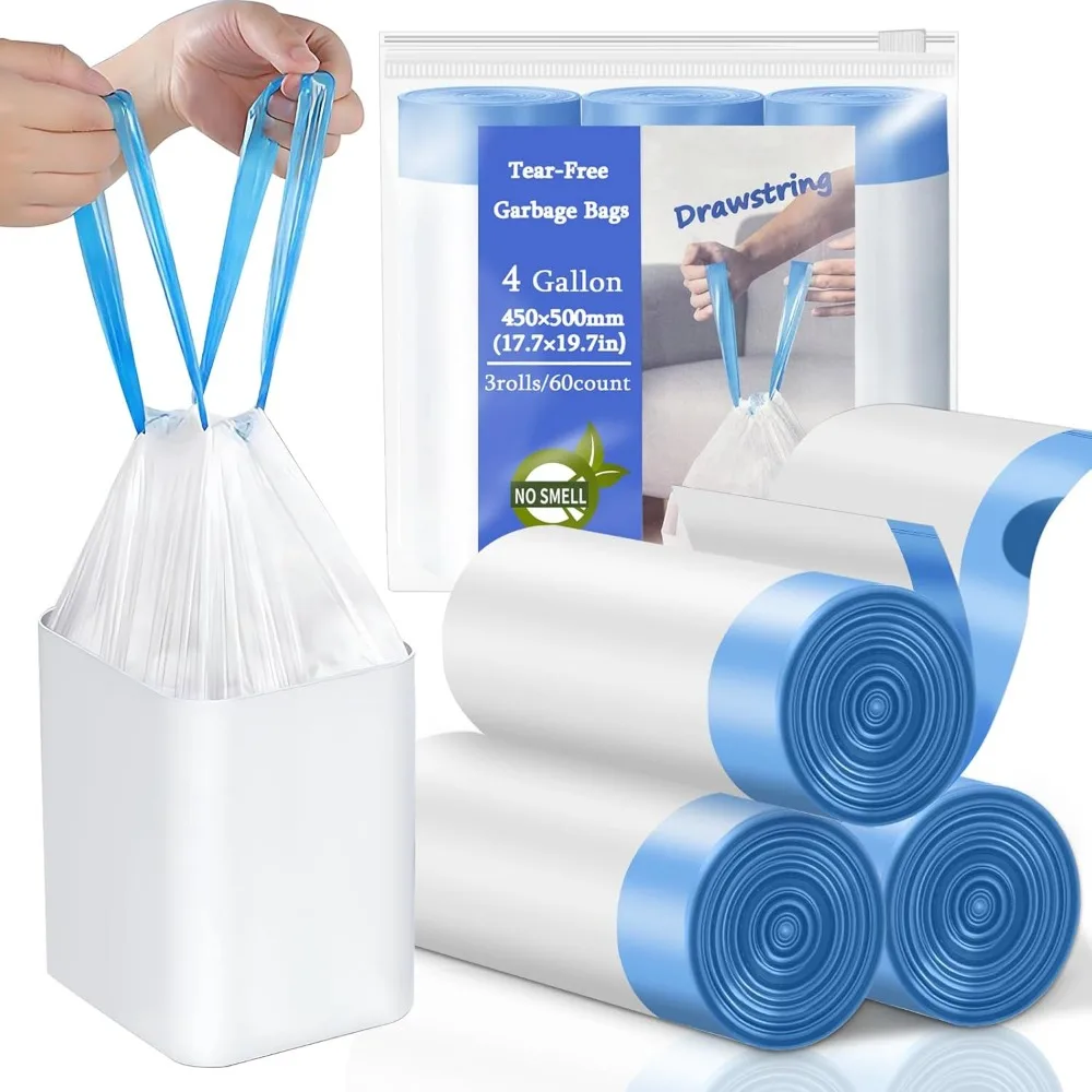 

4 Gallon Drawstring Trash Bags, Tear-Free Unscented White Liners for Home Office Bedroom, 60 Count