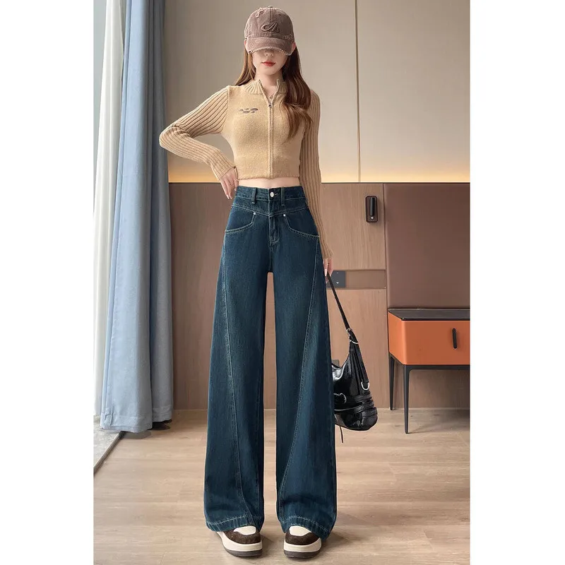 الصوف امرأة الخصر الجينز سيدة الأمريكية شارع العليا السراويل المستقيمة الفتيات أسود رمادي التباين اللون واسعة الساق السراويل