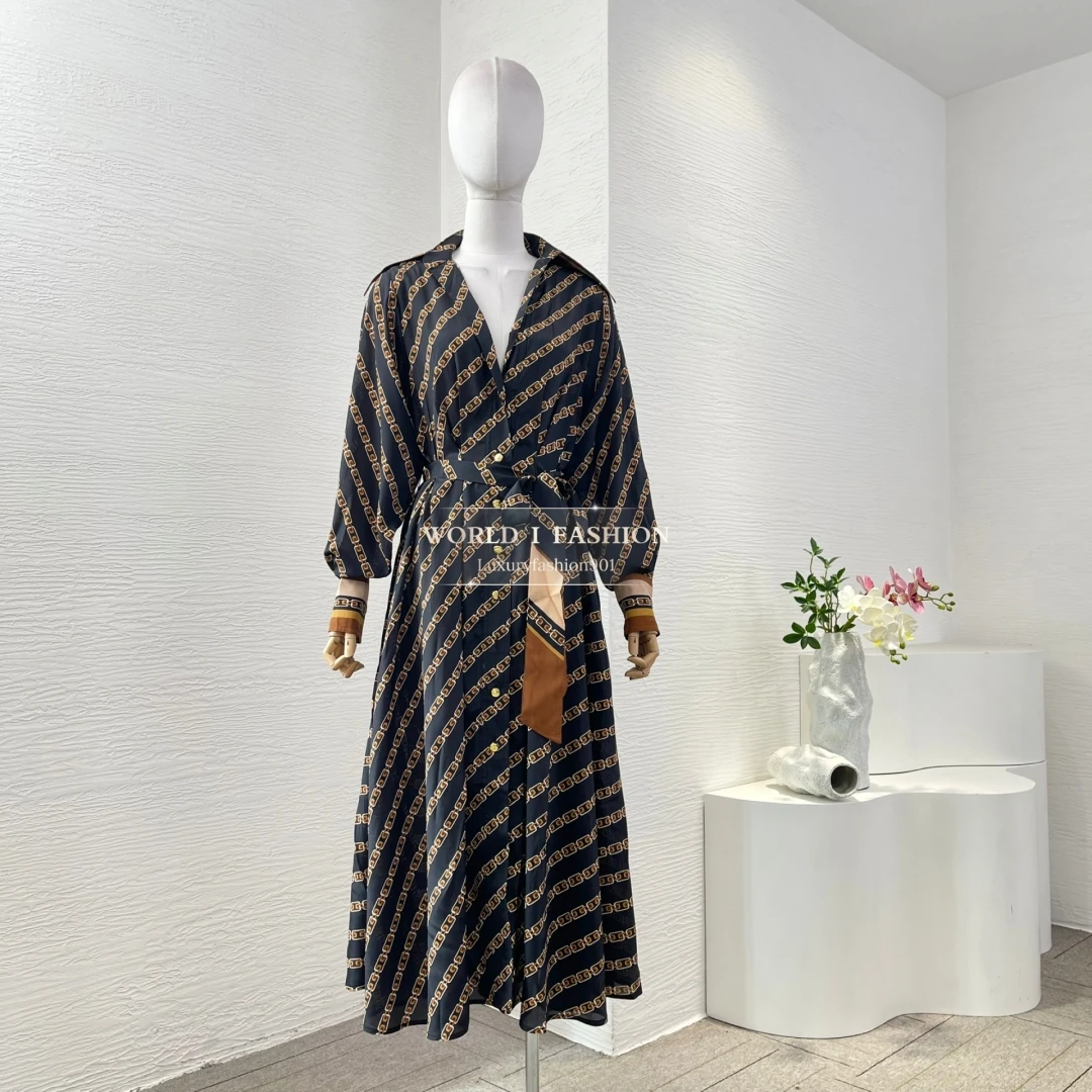 Khaki  Black Chain Pattern Print Long Sleeve Turn Down Collar Women Black High Quality Midi Dress