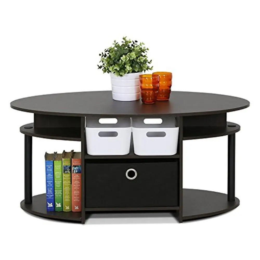 Oval Coffee Table with Built-in Shelves and Bin Simple Design E1 Grade Composite Wood Fits Any Room and Budget Walnut Color Easy image 4