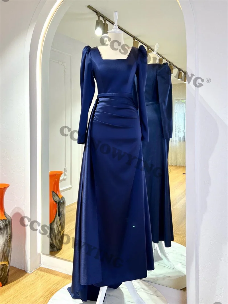 Simple Satin Muslim Evening Dresses Islamic Long Sleeve Hijab Formal Party Gown Prom Dress Arabic Dubai Women Robe De Soiree