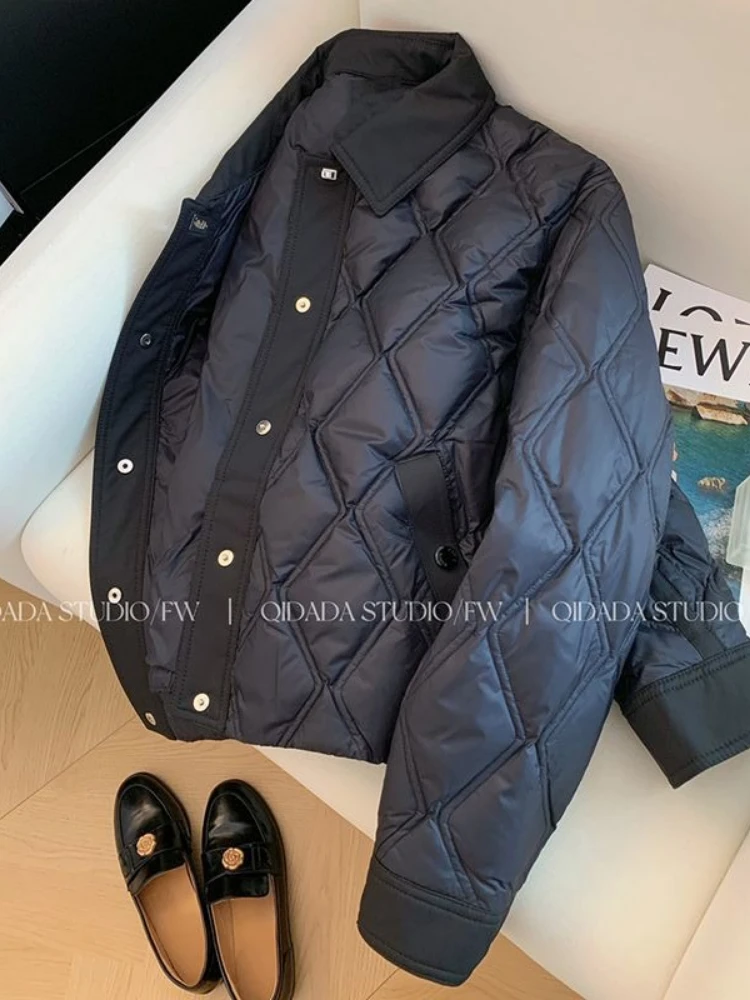 

Хлопковая одежда с черным ромбическим узором и лацканами, женские короткие осенне-зимние новые стильные хлопковые парки с небольшим дизайном