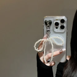 Transparent Acrylic Pearl Bow Pendant Phone Case For iPhone 11 15 12 14 13 Pro Max 15 14 Pro Shockproof Protective Hard Cover