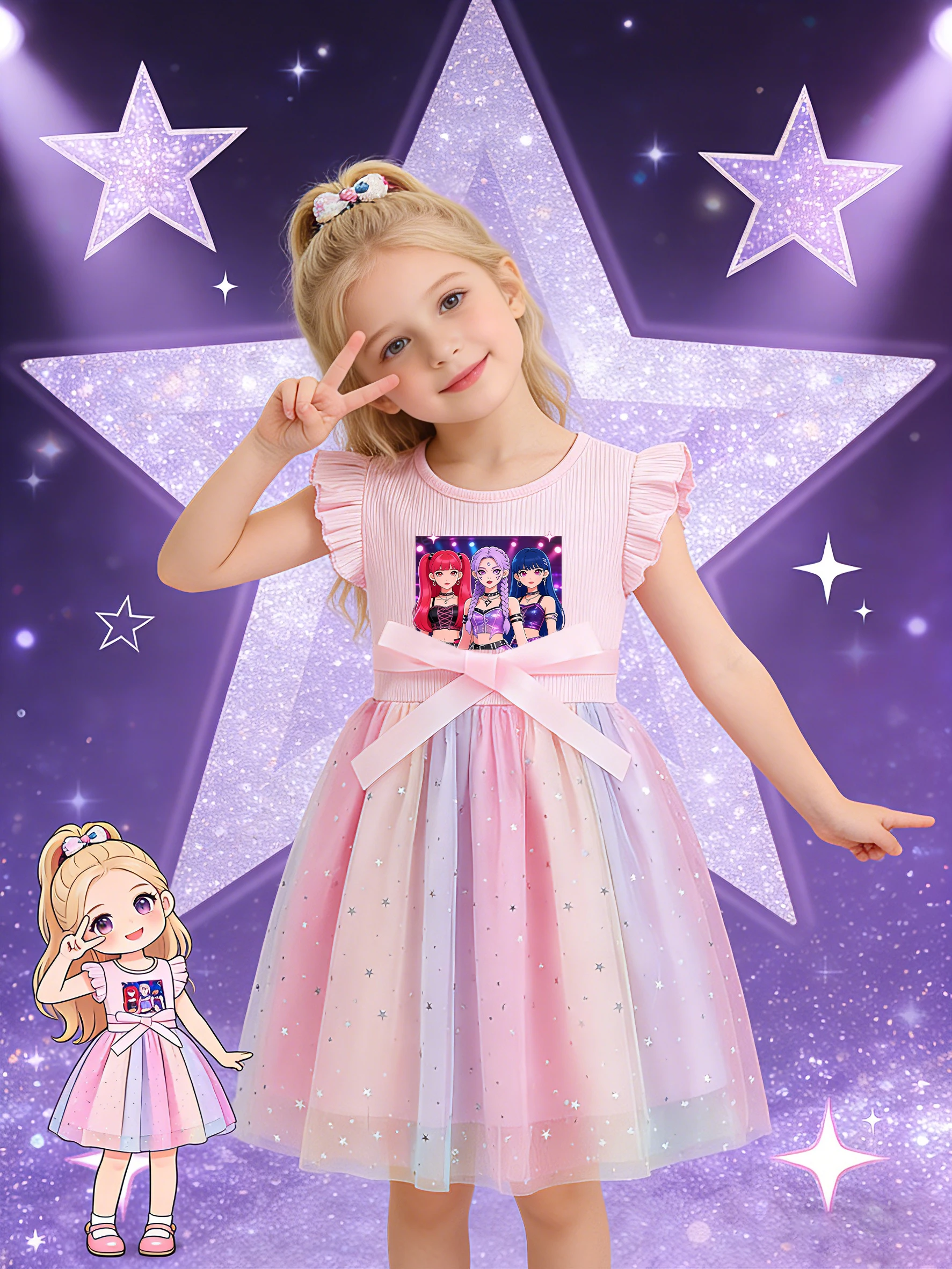 Cool Girl Group Printed Dress for Girls, Gradient Starry Mesh Princess Dress