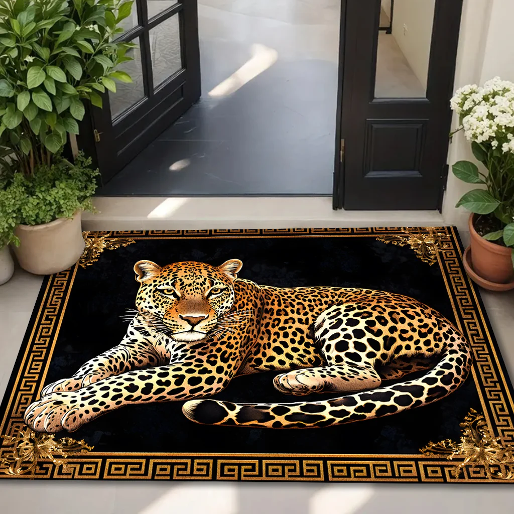 2D Flat, 2D Flat, 2D Flat Printing 1pc Leopard Print Golden Diamond Pattern Flannel Welcome Mat, Practical Outdoor Indoor Door