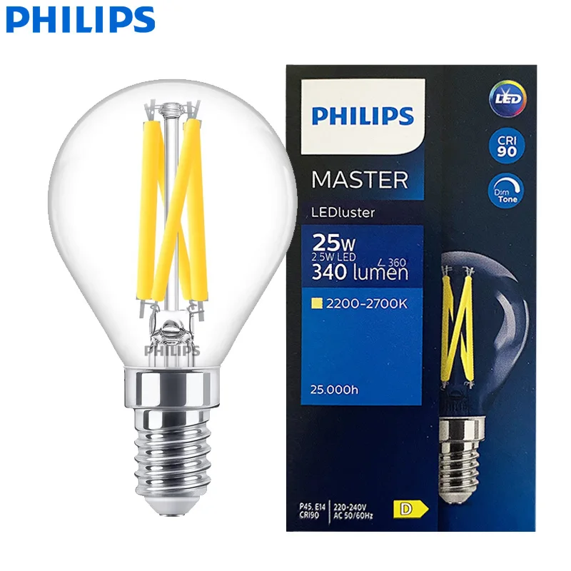 PHILIPS Master LED Luster E14 Filament Lamps 2.5W(=25W) P45 Clear Golf Bulbs 220-240V DimTone Dimmable Warm White Indoor Light