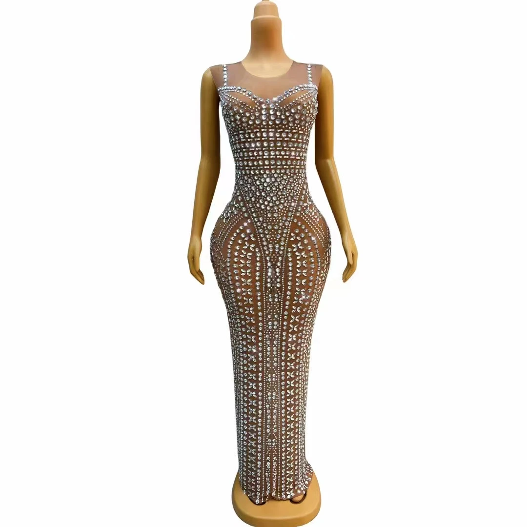 Silver Rhinestones Crystal Mesh Transparent Long Dress Sleeveless Evening Celebrate Birthday Party Outfit Singer Stage Costume