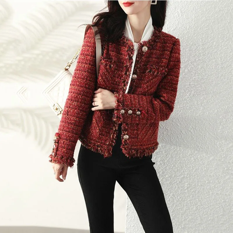 2024 Autumn New French High end Temperament Red Fragrant Jacket Women Short Thicken Tweed Outwear Female Fashion Coat Slim Lady