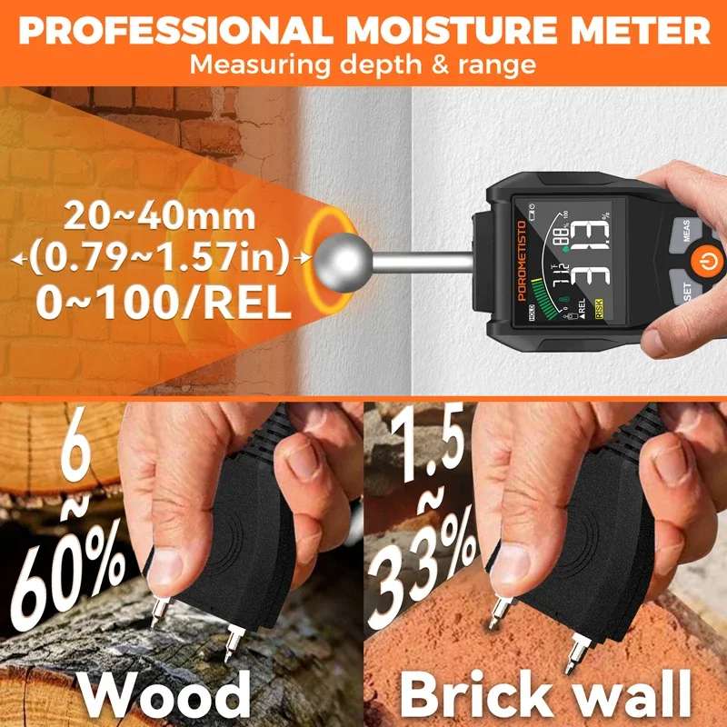 2IN1 Digital Wood Moisture Meter Pin&Pinless Wood Humidity Tester 0~99.9% Timber Damp Wood Detector with LCD Display Hygrometer