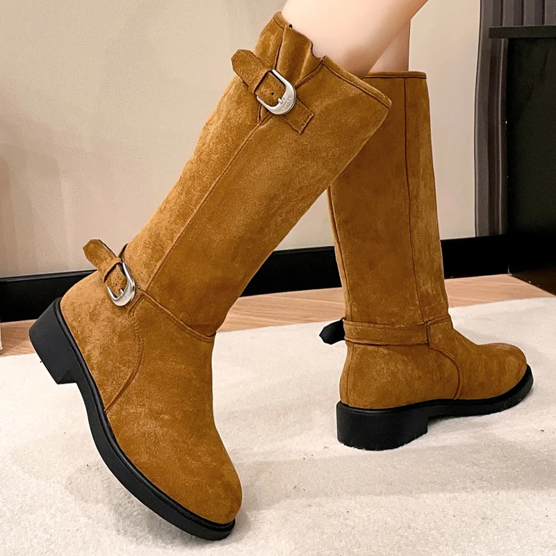 Camurça feminina joelho botas de neve alta marca sapatos plataforma 2025 novas botas góticas chelsea inverno moda feminina sapatos cowboy botas mujer