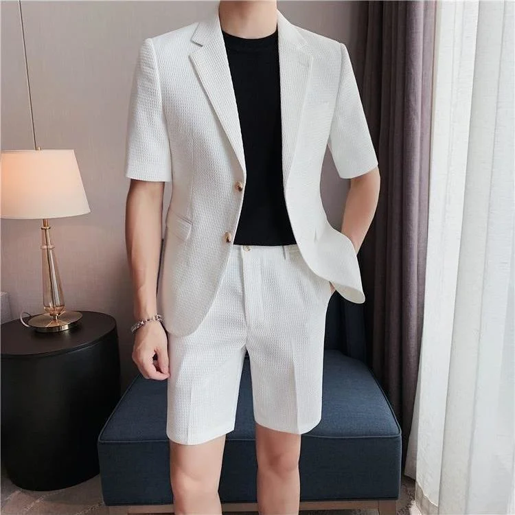 Men\'s Shorts Suit Jacket Sets Summer Thin High End Korean British Fashion Casual Short Sleeve Clothes Men Green Black Coffee