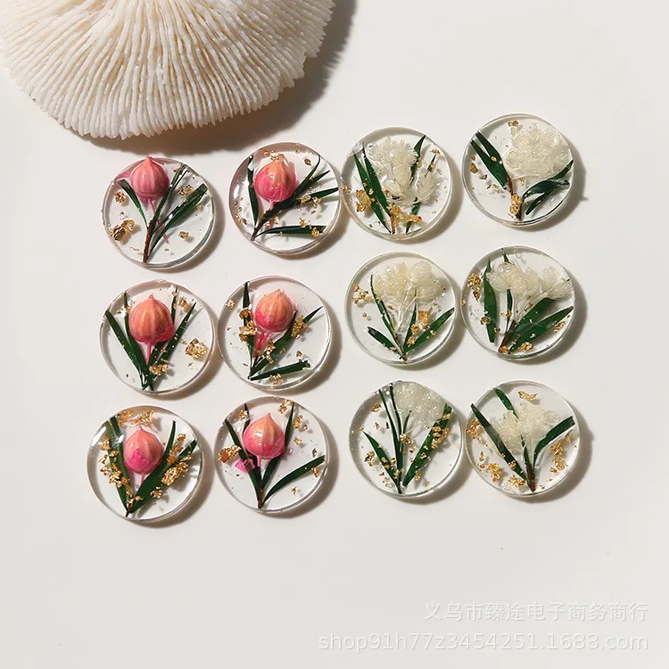 2pcs adhesive drop dry flower bud transparent round gold foil Flatback Resin Cabochons Scrapbooking DIY Jewelry Craft