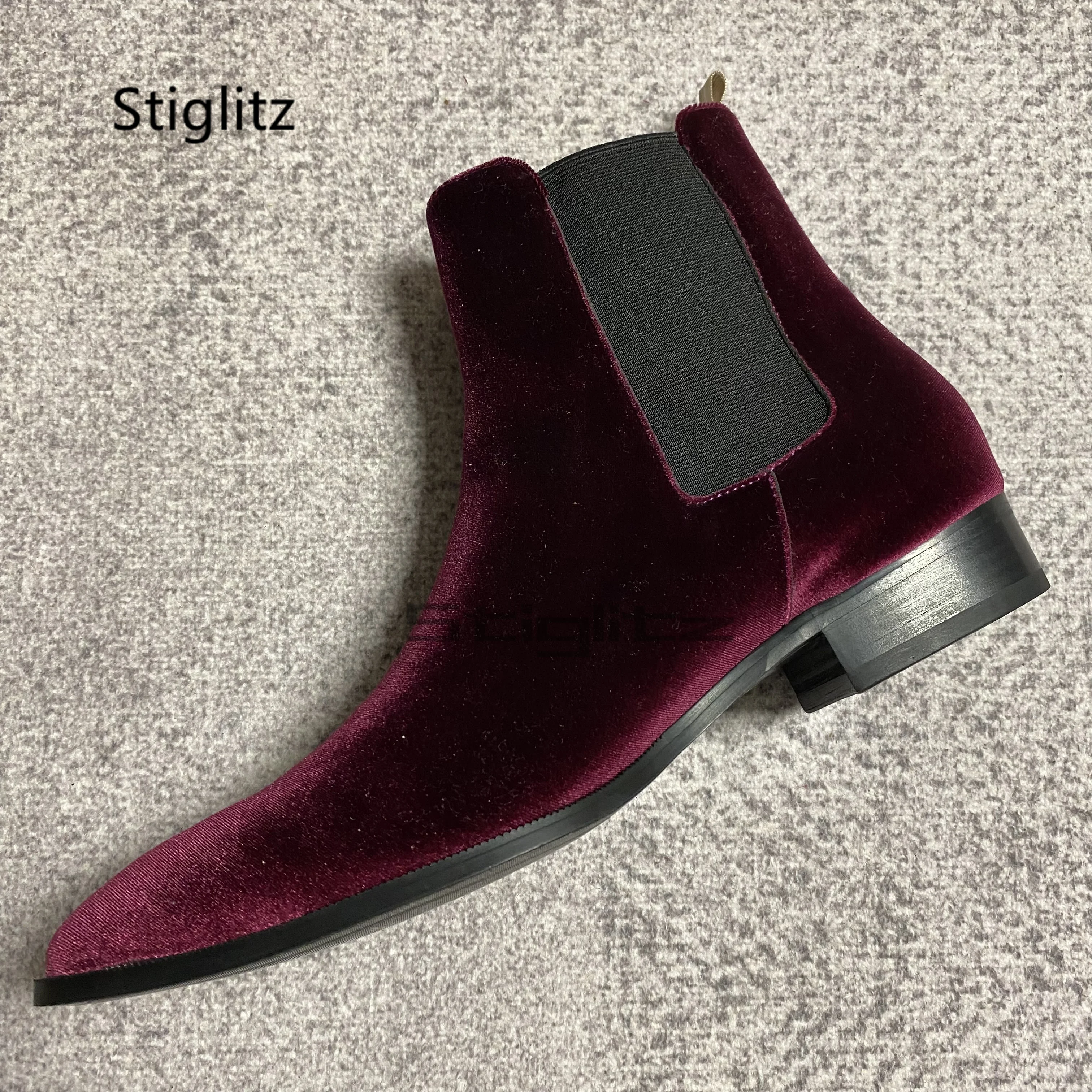 Wine Red Velvet Chelsea Boots for Men Pointed Toe Ankle Stretch Boots Spring Autumn New Trendy Male Business Dress Shoes