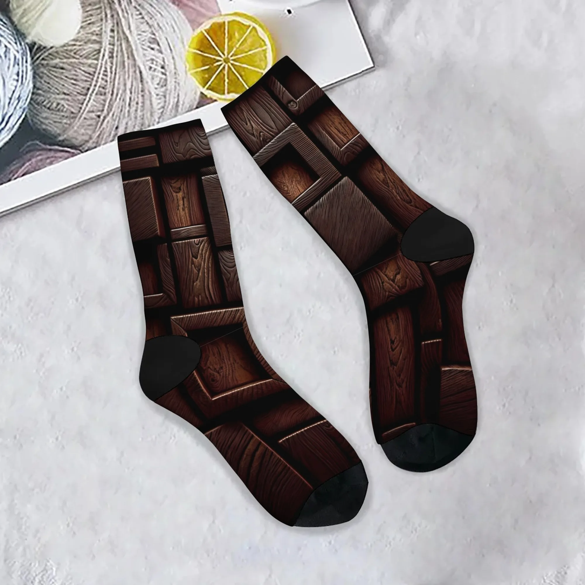 زوج واحد من الجوارب الرياضية المطبوعة الخشبية الإبداعية الرجعية ثلاثية الأبعاد للرجال، جوارب كرة السلة الطويلة للخريف والشتاء