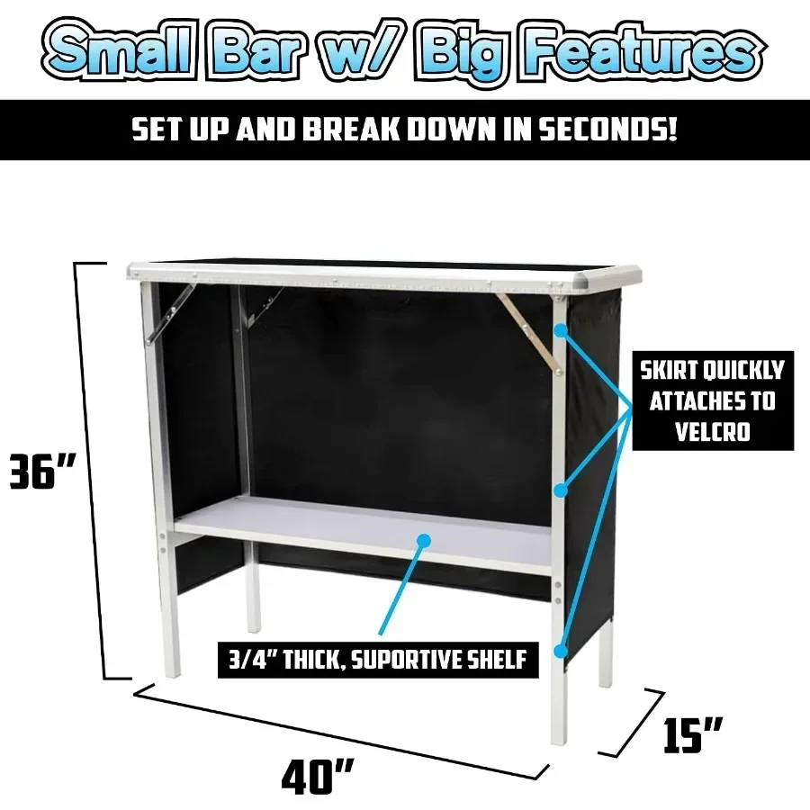 Folding Portable Double Bar w/LED Lights, Wireless Remote, 2 Bar Skirts, Storage Shelf, and Carrying Case