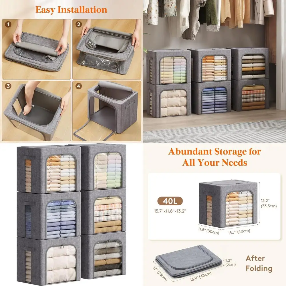 

Металлические складные контейнеры для хранения, тканевые коробки 40 л с прозрачным окошком и крышками на молнии, набор из 6 органайзеров с ручками