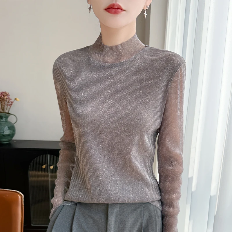 High end micro transparent mesh semi high neck long sleeved T-shirt light shiny silk breathable loose double-layer base shirt