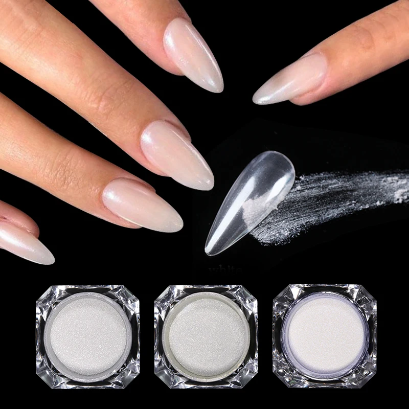 Aurora perle nue rose blanc ongles paillettes poussière Chrome clair de lune blanc frottant sur poudre coquille miroir Pigment Nail Art fournitures