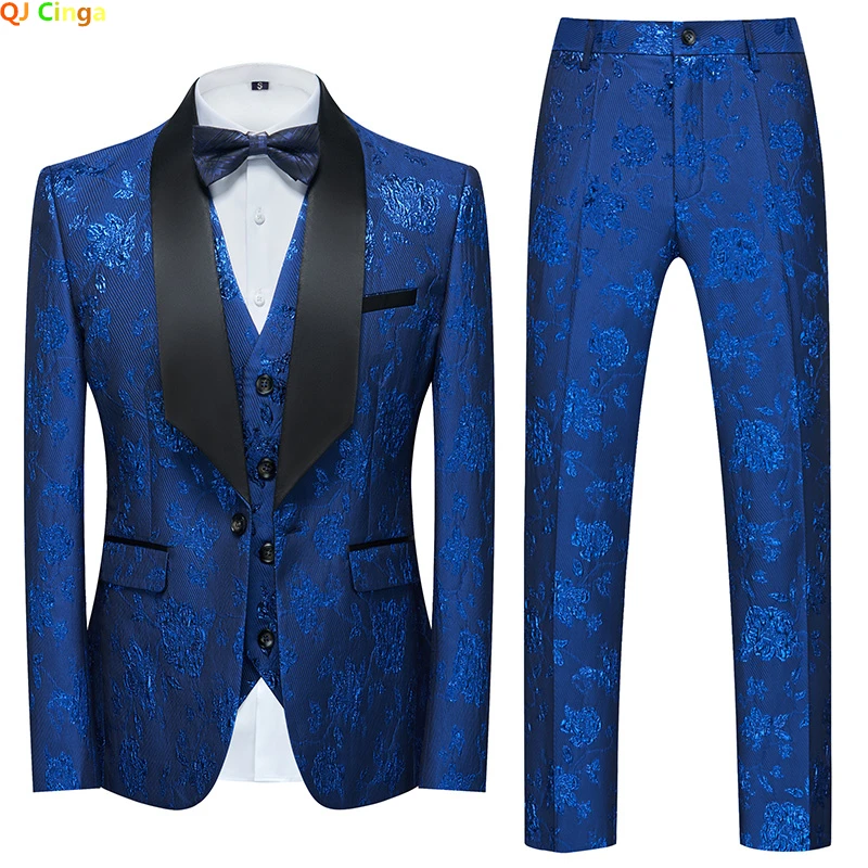 Blue Jacquard Fabric Suit 3 Piece， Men\'s Fashion Slim Fit Blazer Jacket Trousers Vest, Spring  Autumn New Men Sets, Asian Size