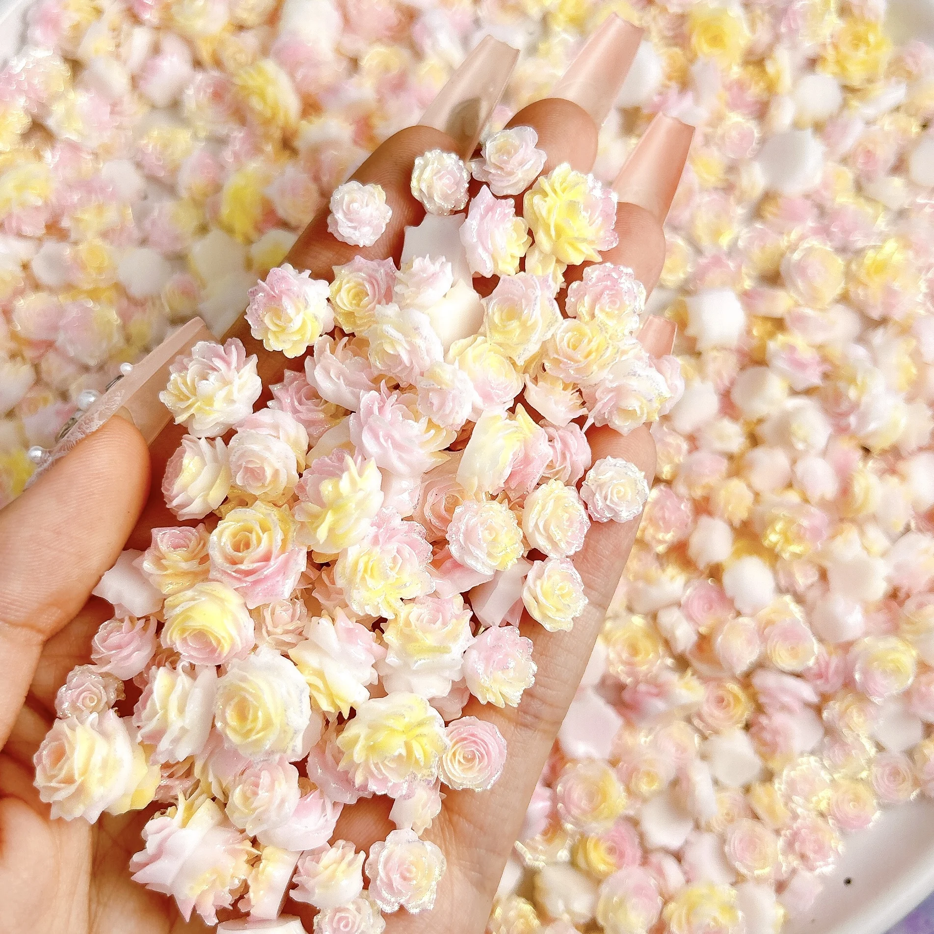 50PCS Luminous Simulated Rose Peony Camellia Resin Nail Art Charms Translucent Butterfly Soft Flower Series Nail Decorations DIY