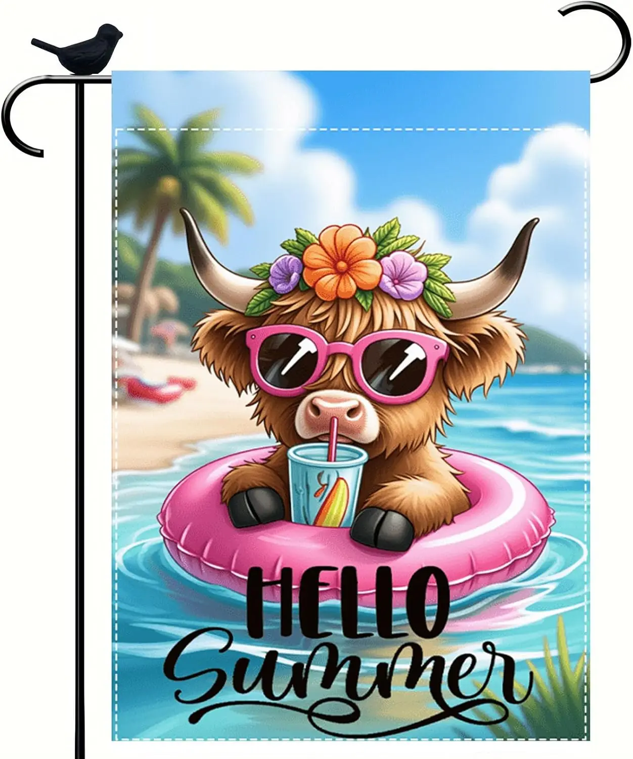 Hello Summer Highland Cow Garden Flag 12 x 18 inch Double Sided Outside Decorations,Beach Floral Cow Small Garden Flags For  SSL