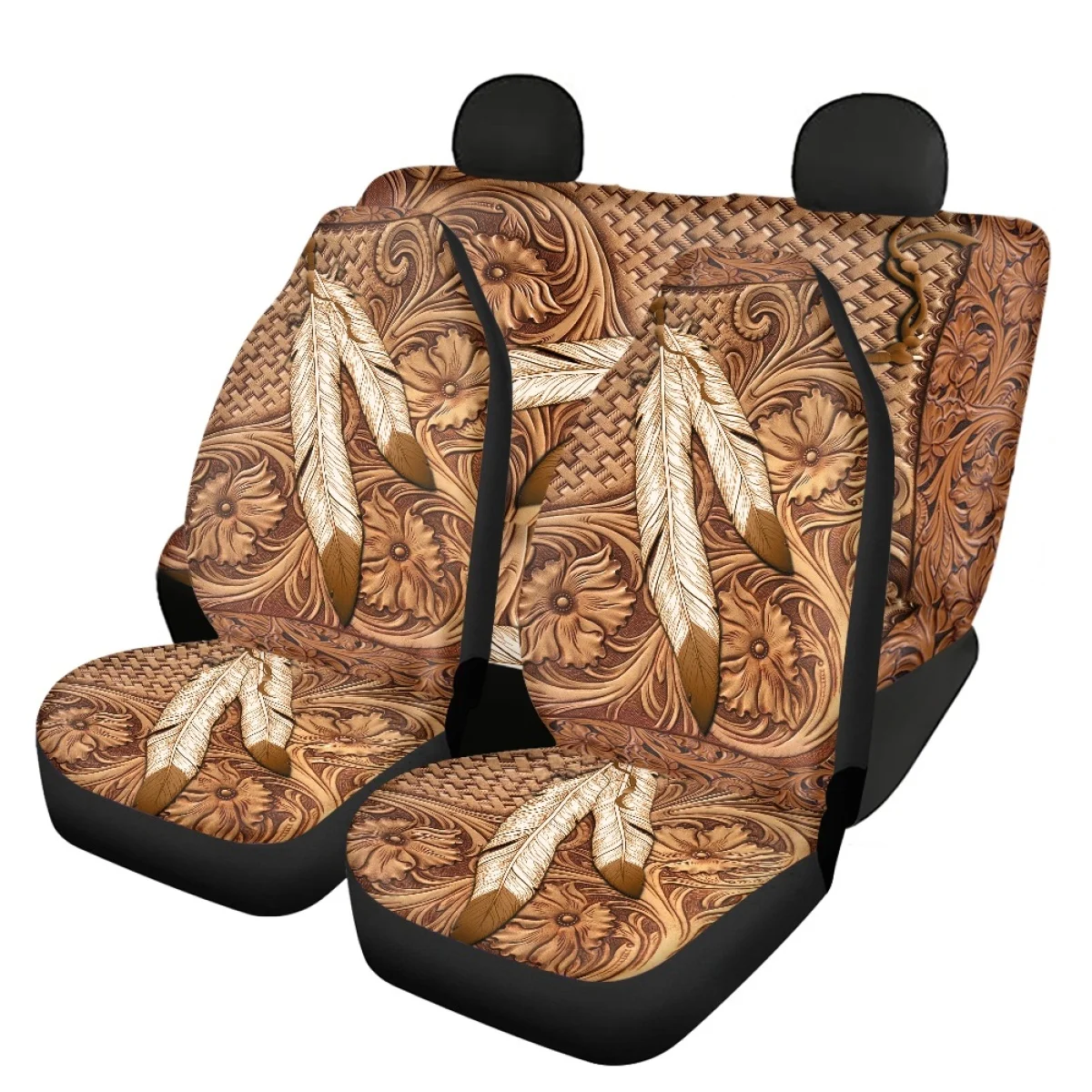 Car Seat Cover Set American Tribal Feather Elastic Remove Front and Rear Automobile Seat Protector Universal Fit Most Seat Cover