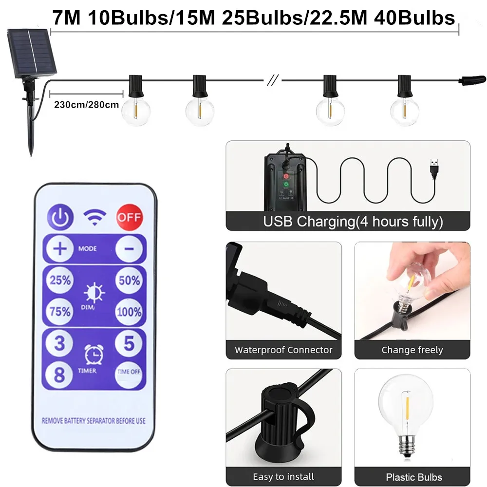 G40 ST38 Solar LED String Lights Bulbs Outdoor 25 Clear Waterproof IP65 8 Modes Remote Control for Garden Patio Wedding Lights