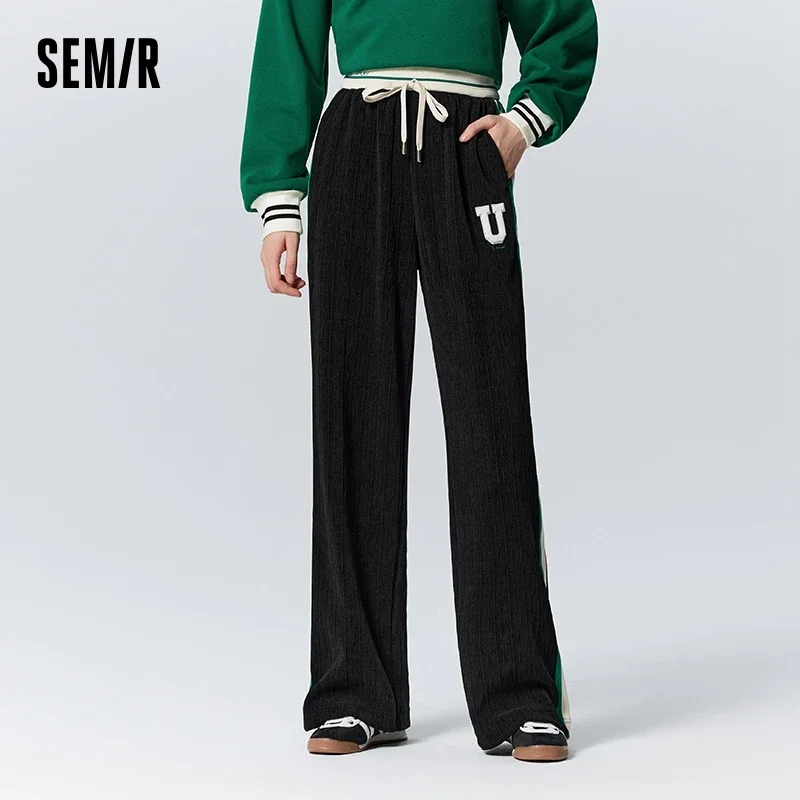 

Semir Casual Pants Women Chenille Color Block Wide Leg Pants Niche Winter Sports Style Floor-Mopping Pants