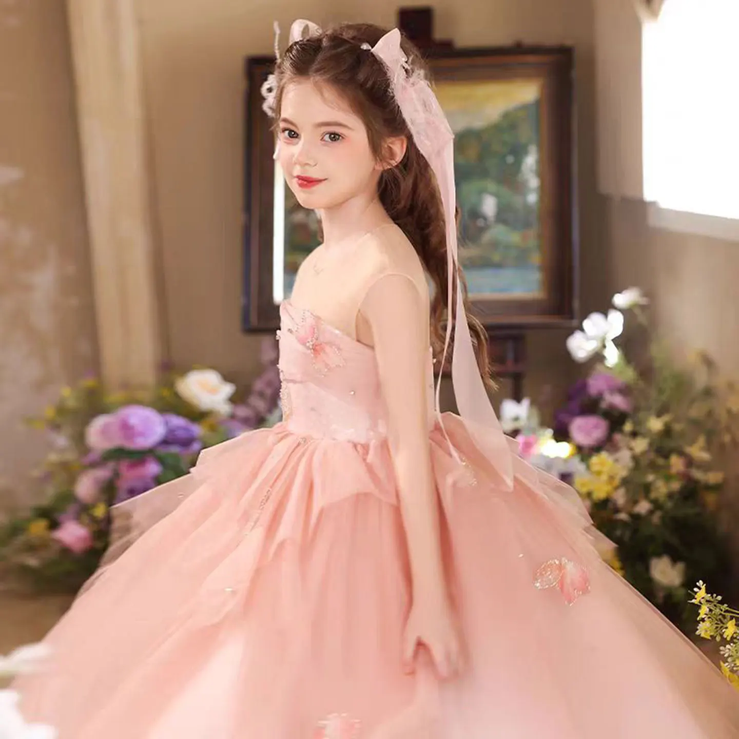 Jill Wish J527 Elegantes rosa Perlen-Blumen-Mädchenkleid mit Schleife, Pailletten, A-Linie, Prinzessin, Hochzeit, Geburtstag, Party, Abendkleid