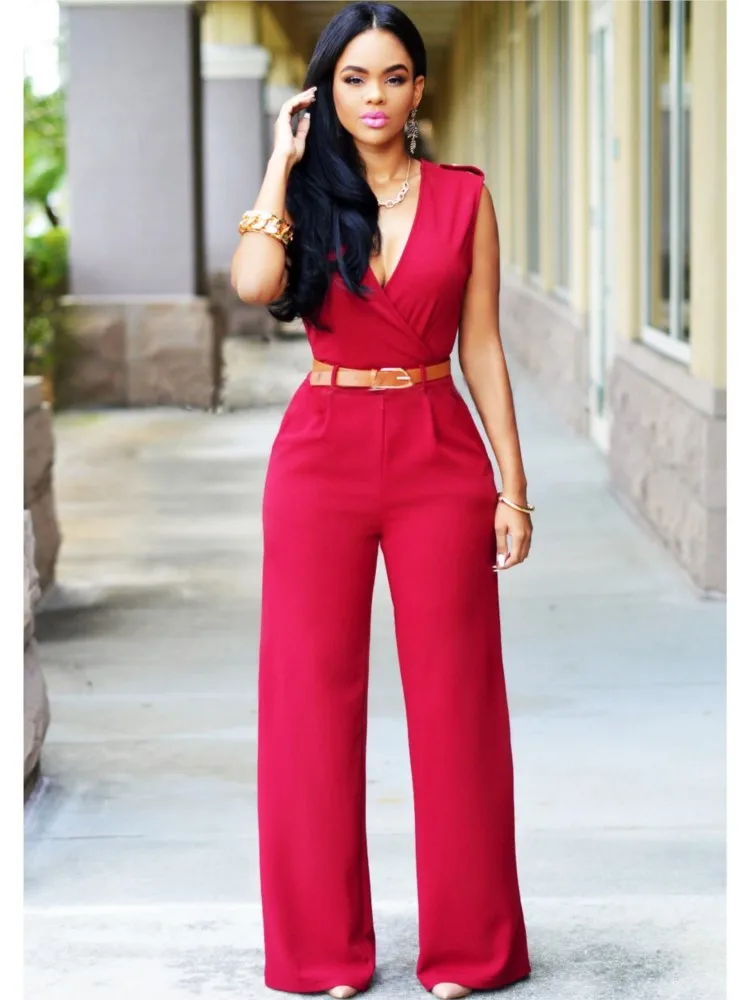 Women\'s Sexy Deep V Neck Sleeveless Solid Color Jumpsuit Fashion Slim Wrap Hip Elegant Female Party Office Jumpsuit (with Belt)