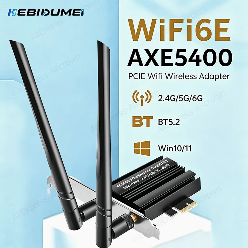 

KEBIDUMEI WiFi 6E PCIE Wireless Adapter AX5400 Tri Band 2.4G/5G/6GHz BT5.2 5400/1800/1200Mbps WiFi Network Card for PC Win 10/11