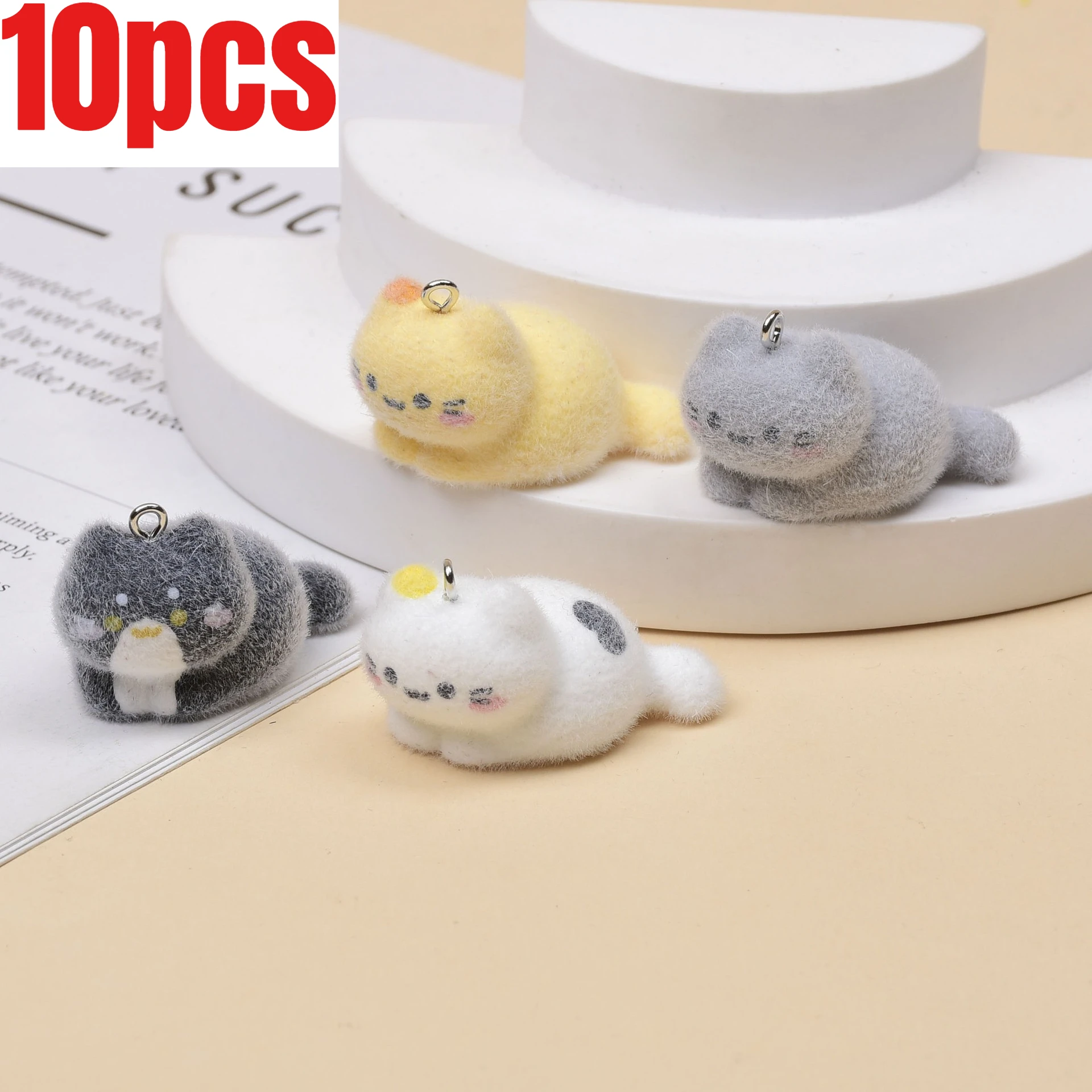 

10Pcs 3D Cute Flocking Resin Lying Down Kitten Charms Plush Cartoon Kitten Pendant for Keychain Earring DIY Crafts Jewelry Make