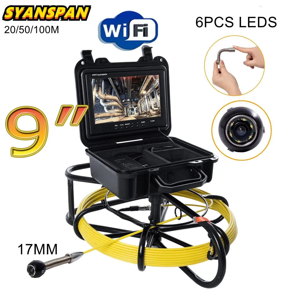 Pipe Inspection Video Camera 9 Inch Wireless WiFi  SYANSPAN 17MM Drain Sewer Pipeline Industrial Endoscope Support Android/IOS