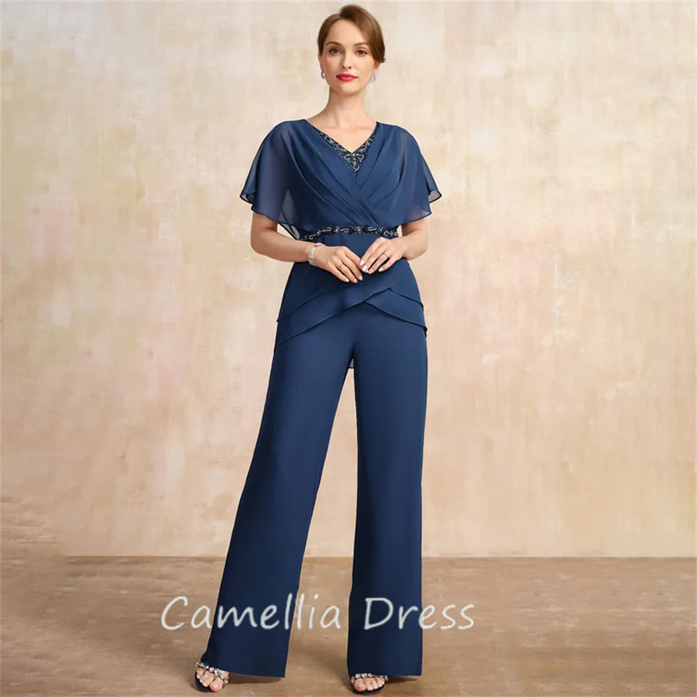 New V-Neck Mother Of The Bride Dress Jumpsuit Floor-Length Chiffon Beading Formal Dresses Vestidos Mae Da Noiva Casamentos