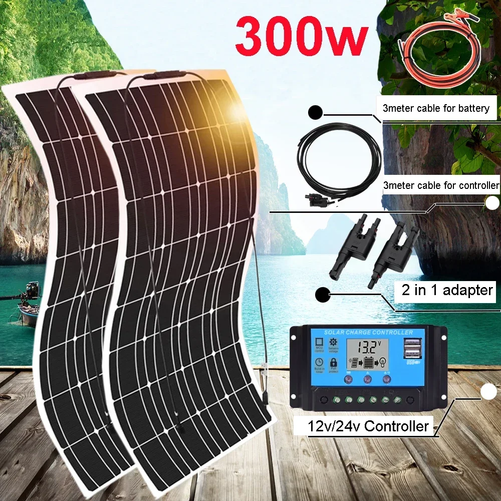 Solar Panel 300w Kit Complete 12v Car RV Boat Camper Battery 5v Cellphone Charger Photovoltaic System Monocrystalline 1000w 220v