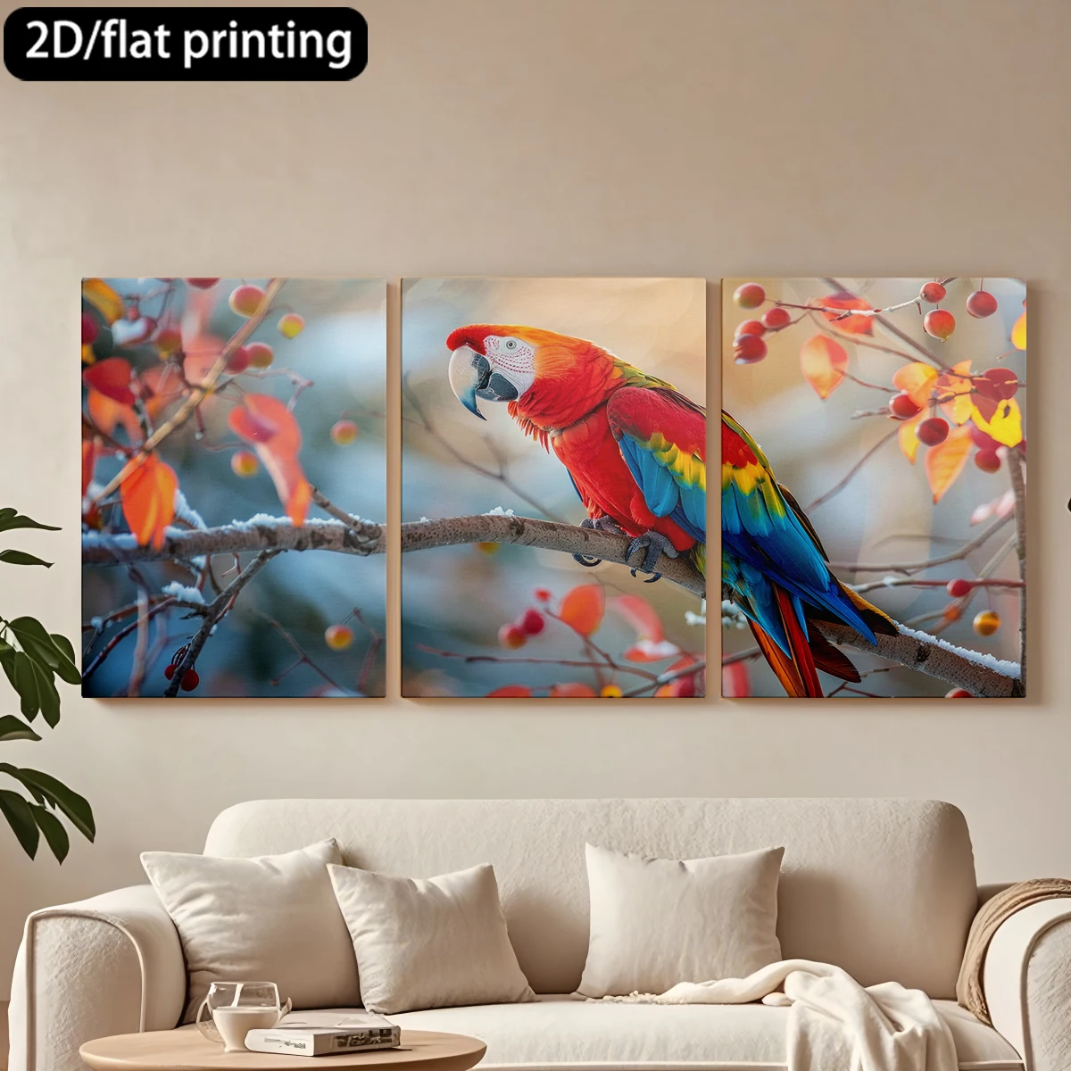 

Набор из 3 декоративных картин на холсте в деревянной раме: Ара, ветка, осенняя листва, ягоды. Декор для коридора и спальни.