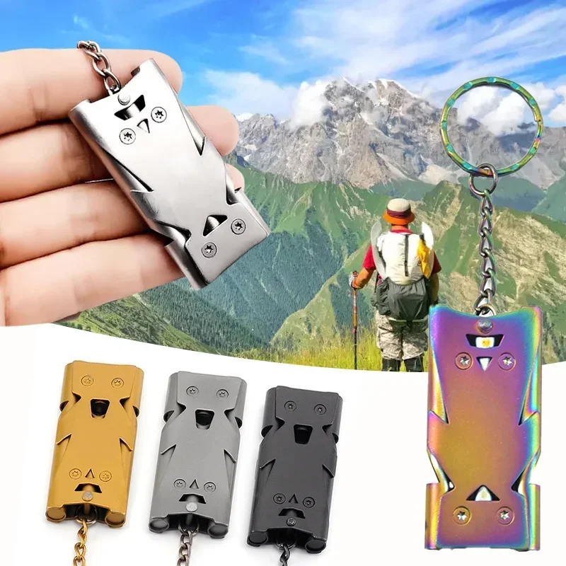 Outdoor Survival Whistle Keychain High Decibel Emergency Stainless Steel Double Pipe Camping Hiking Whistle Multifunction Tools