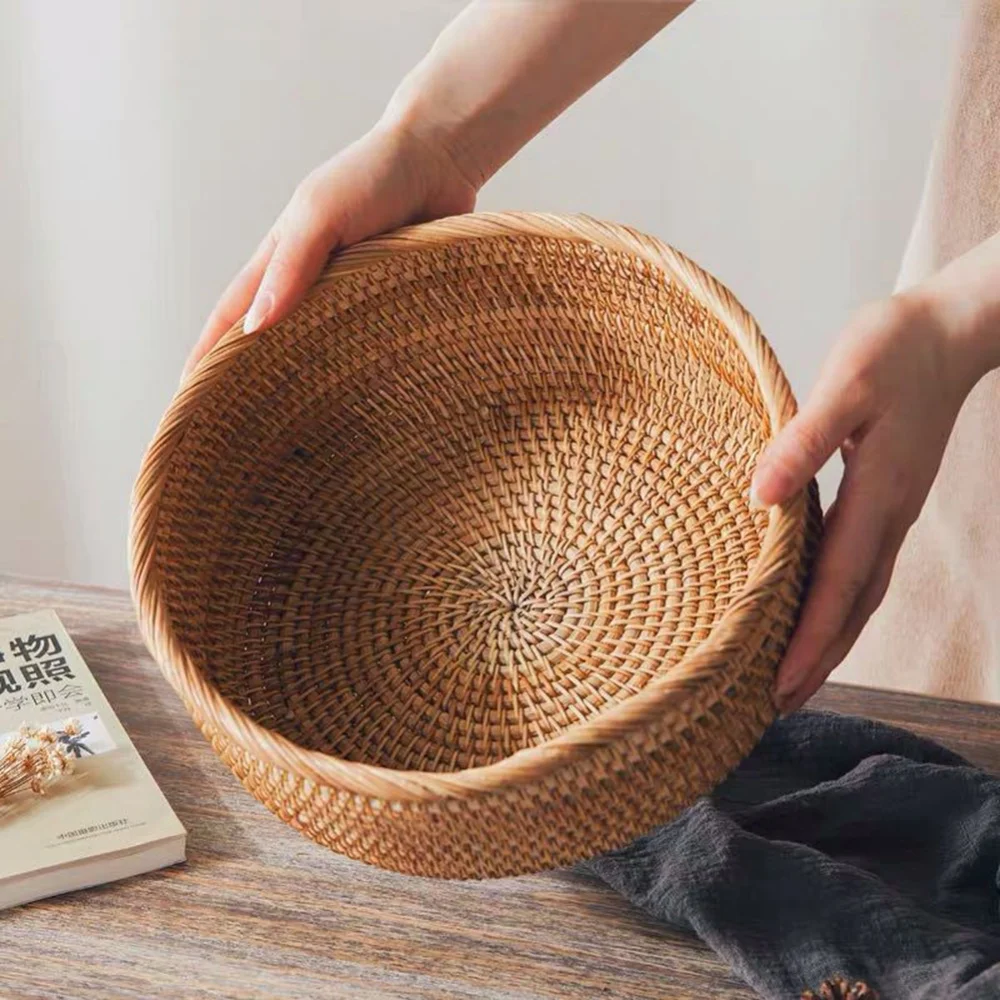 Rattan Wicker Basket Hand-Woven Coffee Breakfast Severing Tray Food Storage Container Cosmetic Storage Box Desktop Organizer