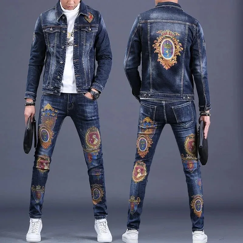 

Новинка весна-осень 2023 мужской джинсовый костюм Мужская модная брендовая облегающая модная куртка с брюками повседневная мужская куртка